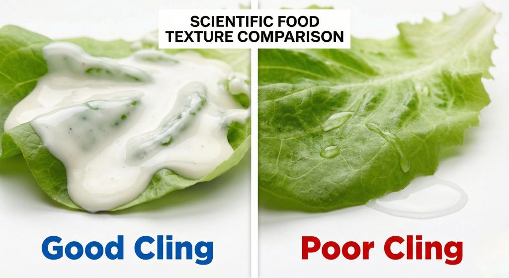 Comparación de la adherencia del aderezo en hojas de lechuga: goma xantana vs. aderezo acuoso.