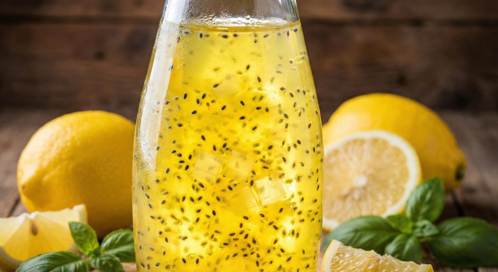 Low Acyl Gellan Gum fluid gel beverage suspending aloe vera cubes and seeds without sedimentation.