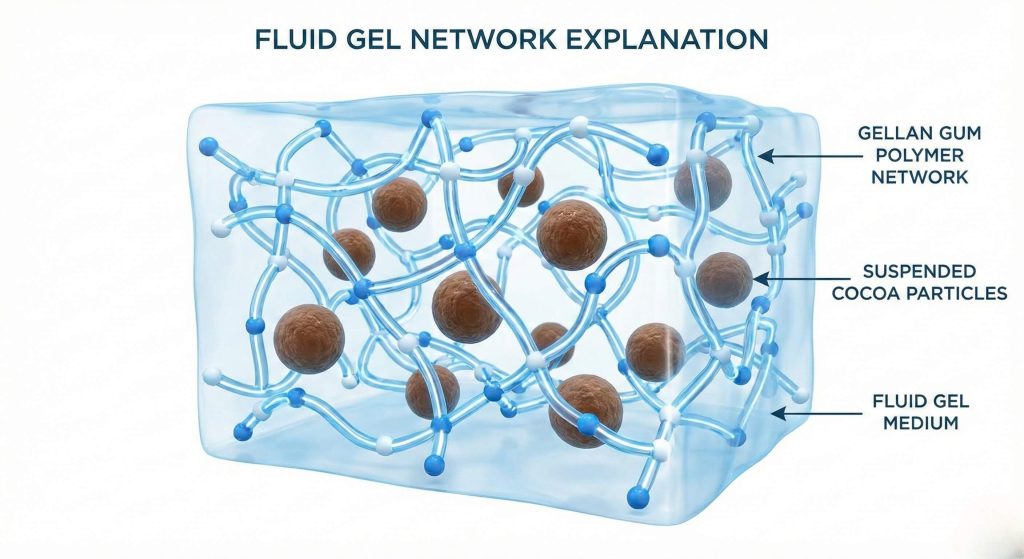 Diagrama microscópico que muestra la red de gel fluido de gellan gum suspendiendo partículas de cacao en leche vegetal.