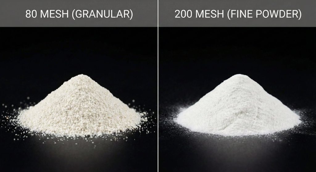 Close-up comparison of granular 80 mesh Xanthan Gum vs fine powder 200 mesh Xanthan Gum texture for industrial sourcing.