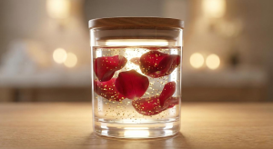 Crystal clear gel air freshener with real rose petals and gold flakes suspended inside, showing high transparency and stable suspension.