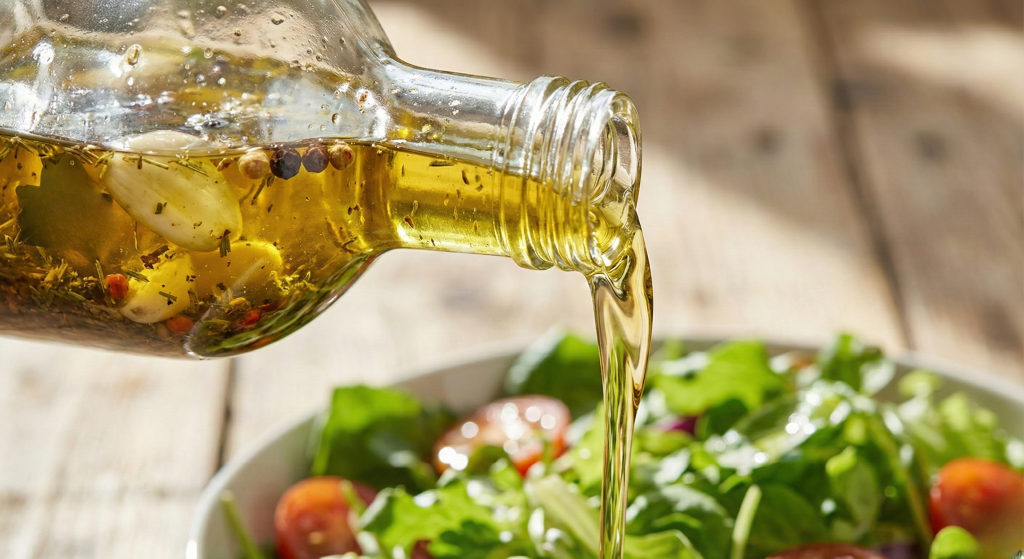 Vinagreta italiana premium vertiéndose sobre una ensalada, mostrando una perfecta suspensión de hierbas gracias a la goma xantana.
