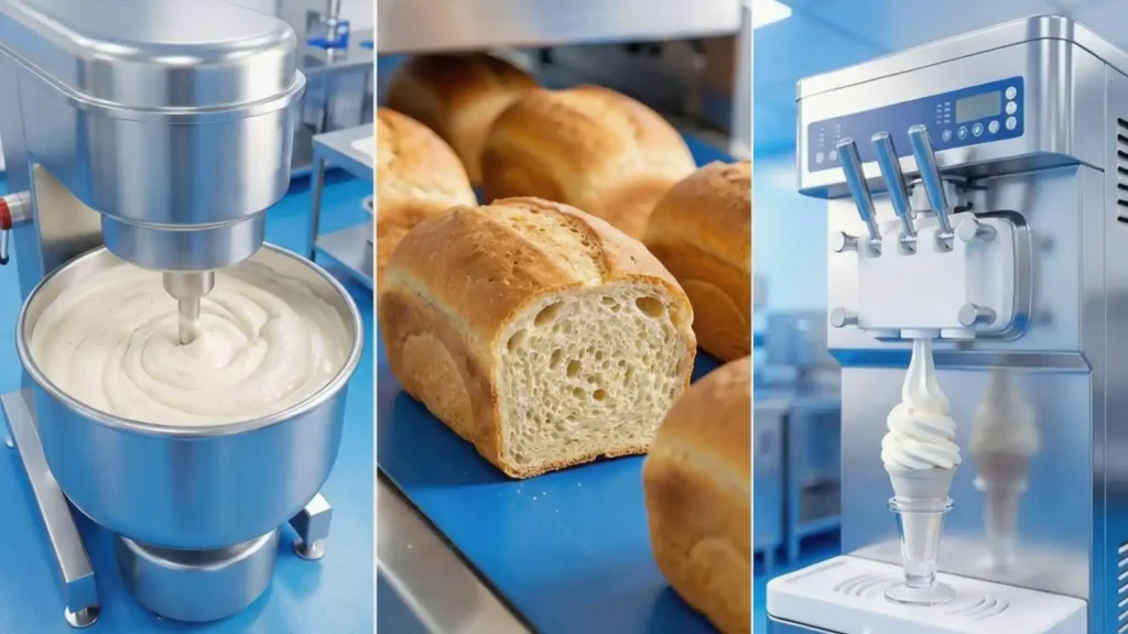 Industrial food applications of Xanthan Gum including bakery, sauces, and ice cream manufacturing production lines.