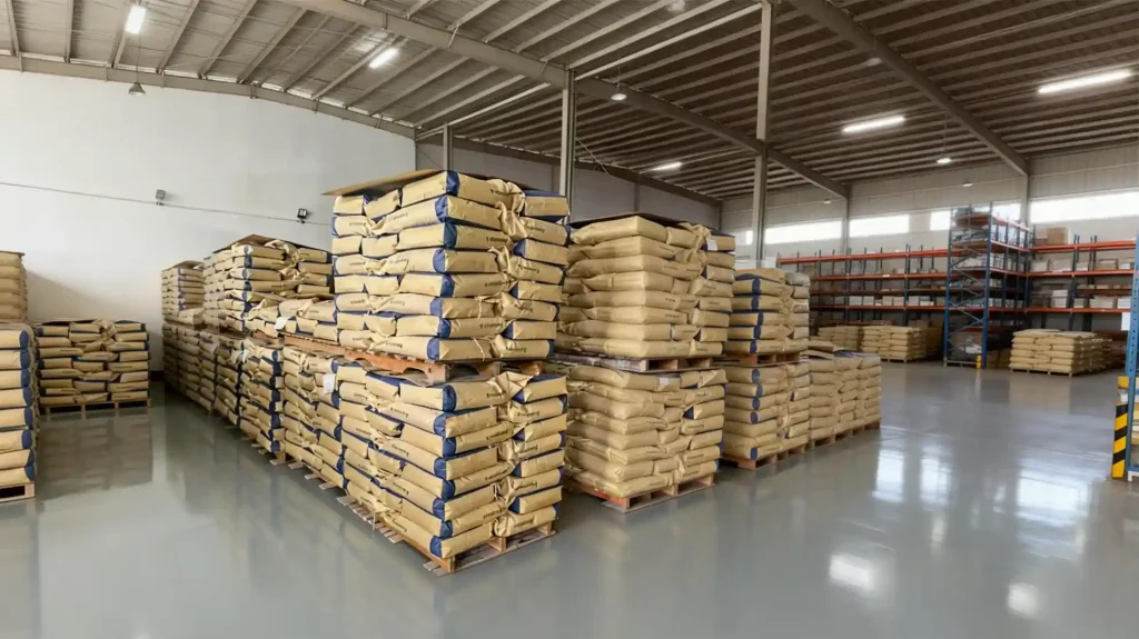 HylixChem warehouse stocked with 25kg Kraft bags of Xanthan Gum ready for global export.