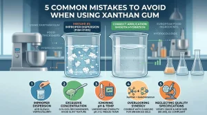 An informational infographic detailing five common errors when using xanthan gum in food production, comparing improper vs. correct hydration and listing mistakes like dispersion, concentration, pH/temp, synergy, and quality specifications with solutions, all set within a laboratory context.