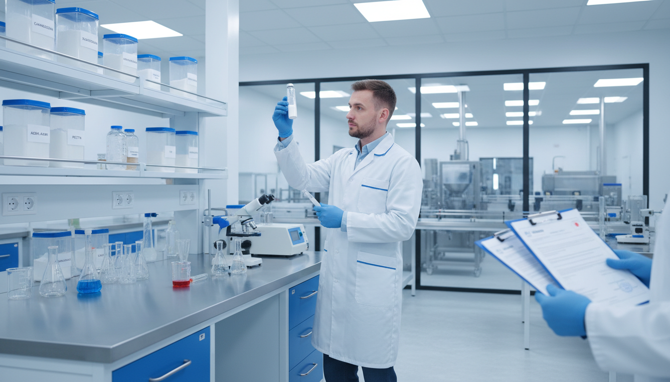 Gerente de control de calidad alimentaria examinando muestras de espesantes y documentación de cumplimiento en una moderna instalación de laboratorio europeo con equipos de prueba
