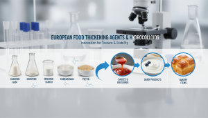 Various food thickening agents including xanthan gum, modified starch, carrageenan, pectin and guar gum displayed in laboratory containers for European food manufacturing applications