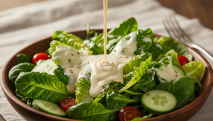 Close-up food photography of a creamy dressing clinging perfectly to the leaves of a fresh salad, demonstrating the ideal texture and stability." title="A perfectly emulsified creamy salad dressing clinging to a fresh salad.