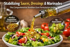 Italian vinaigrette dressing being poured over a fresh salad, demonstrating how xanthan gum stabilizes sauces and dressings by suspending herbs and preventing separation.